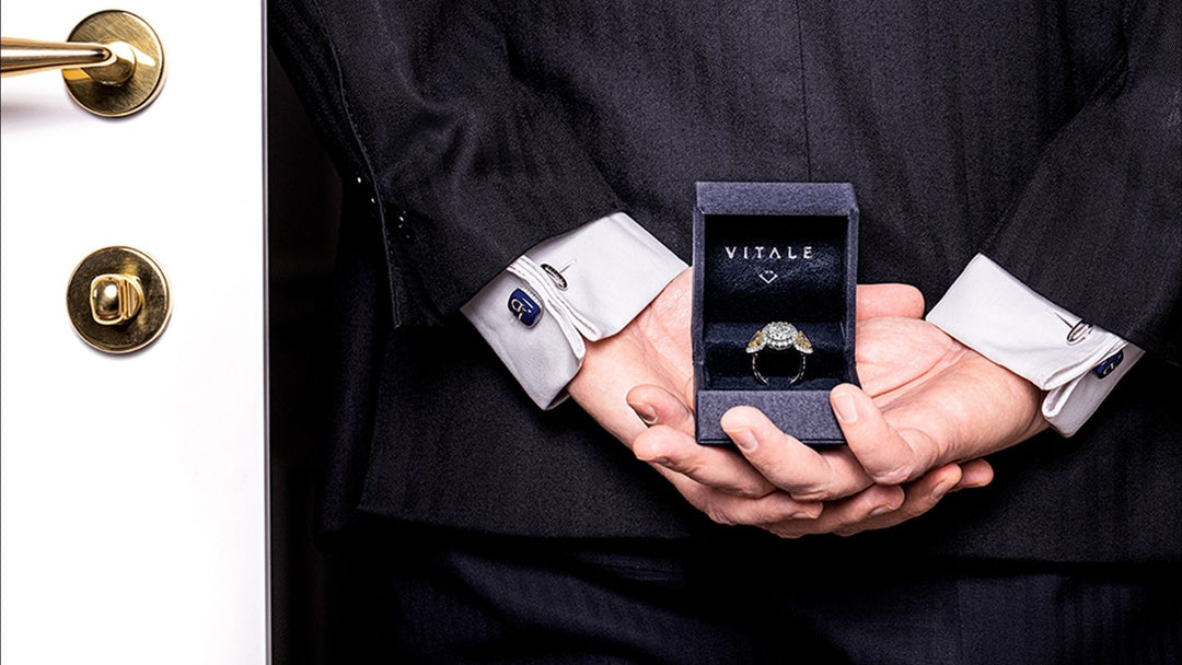 A VITALE 1913 ring box held discreetly, symbolising the private and secure nature of high-value jewellery ownership.