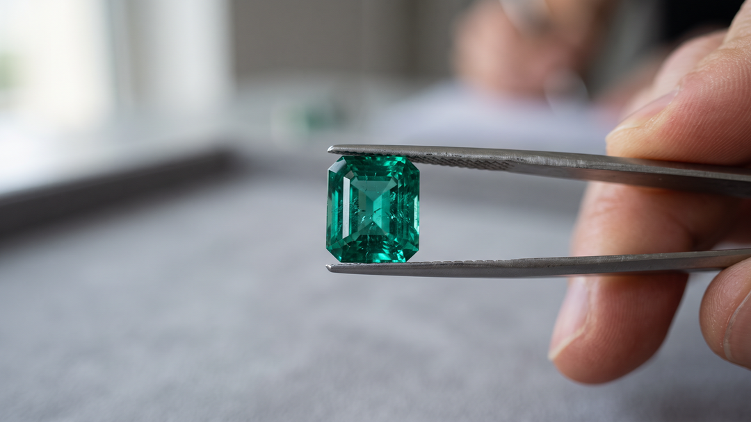 Emerald-cut emerald engagement ring with diamond halo presented at VITALE 1913.