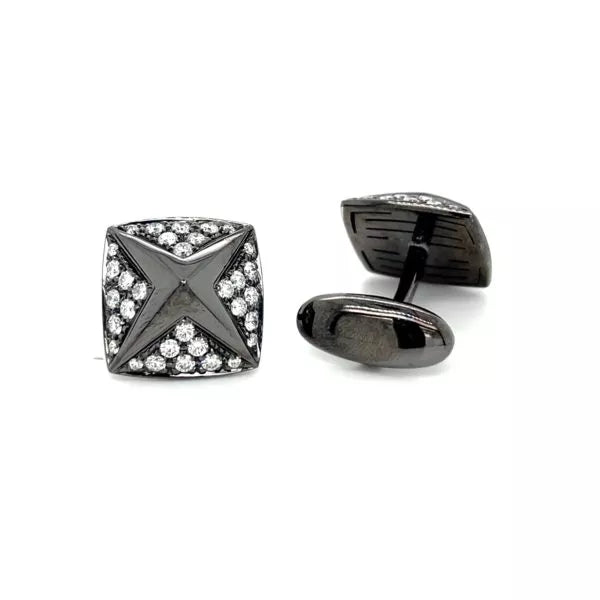 BOUTONS DE MANCHETTES INTEMPORELS RHODIUM NOIR ET DIAMANTS 